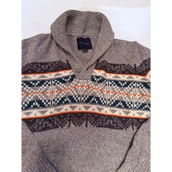 American Eagle Mens Sweater M  Gray Geometric Shawl Collar Button Pullover - Picture 8 of 8
